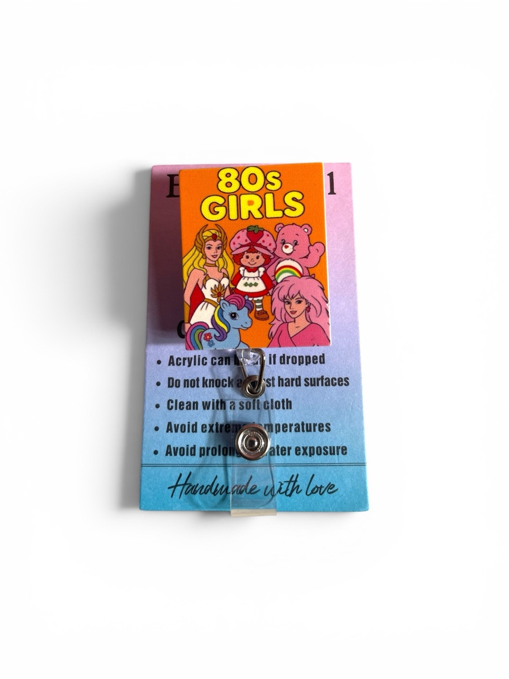 80s Girls Acrylic Badge Reel- Retro Cartoon Design in Pink & Orange